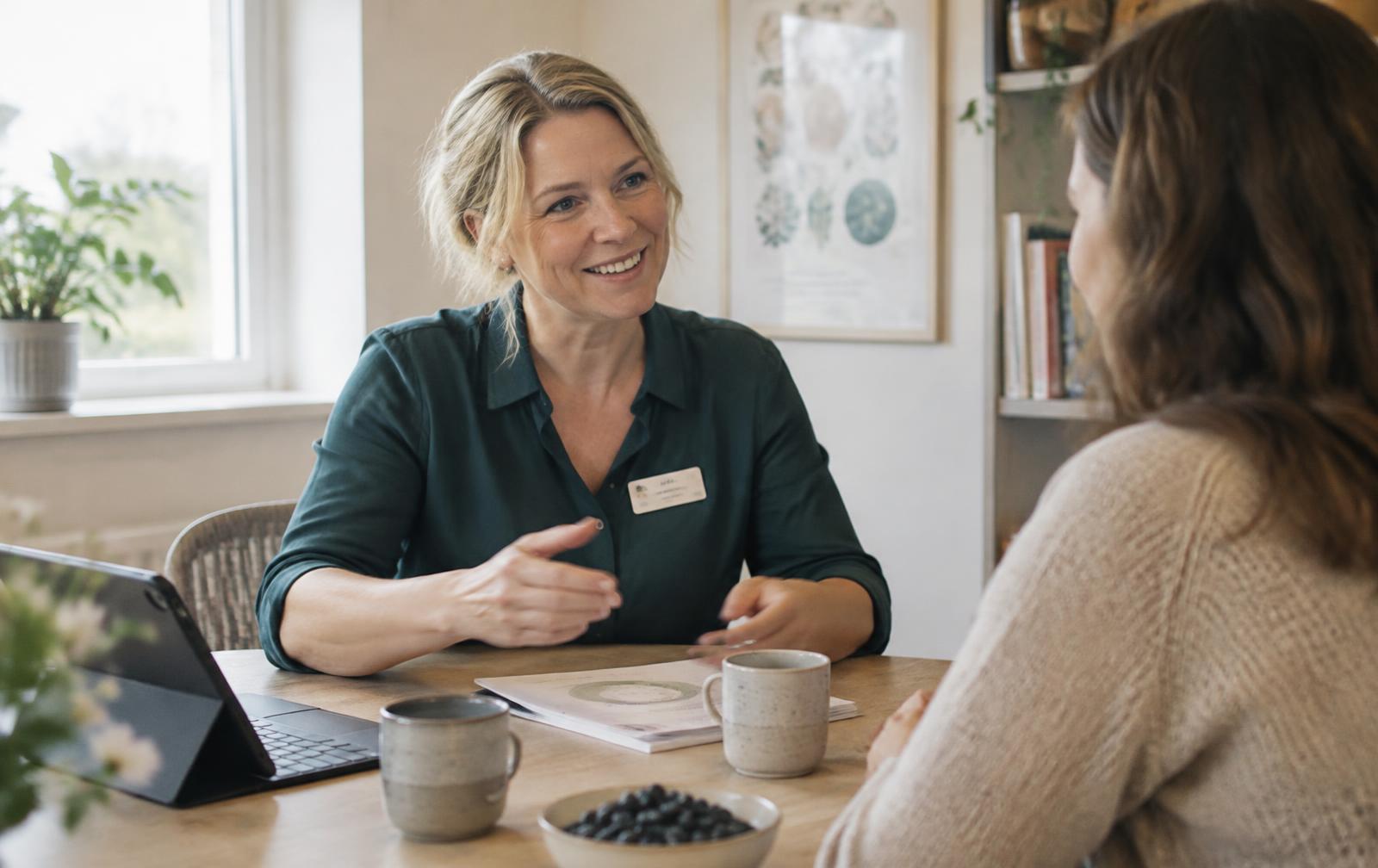 Dietitian in conversation with a client at a table