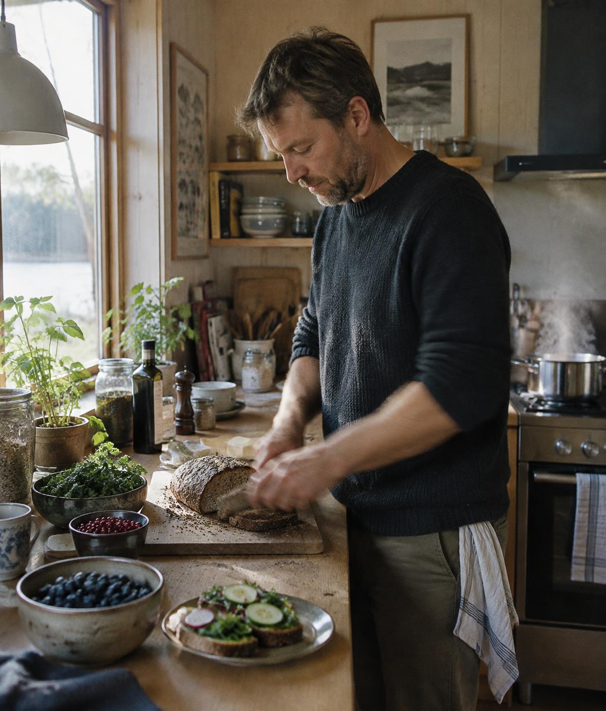 Man slicing rye bread in a bright Nordic kitchen